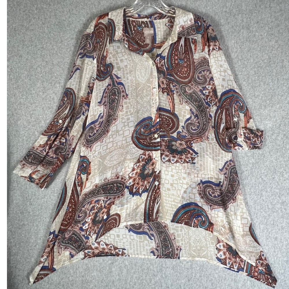 Chicos 1 Paisley Button Up Tunic Blouse Shirt Top Sheer Boho Artsy Boho Layering - Picture 3 of 13